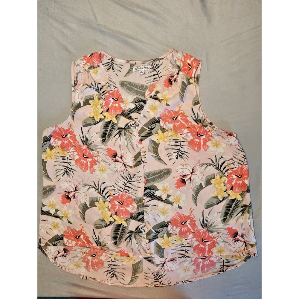 Ophelia Roe Blouse Women XL Pink Tropical Floral Hibiscus Sleeveless V-Neck Top
